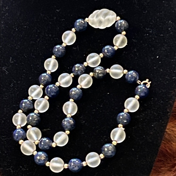 14K Gold Lapis and Crystal Beaded Necklace - Picture 4 of 5